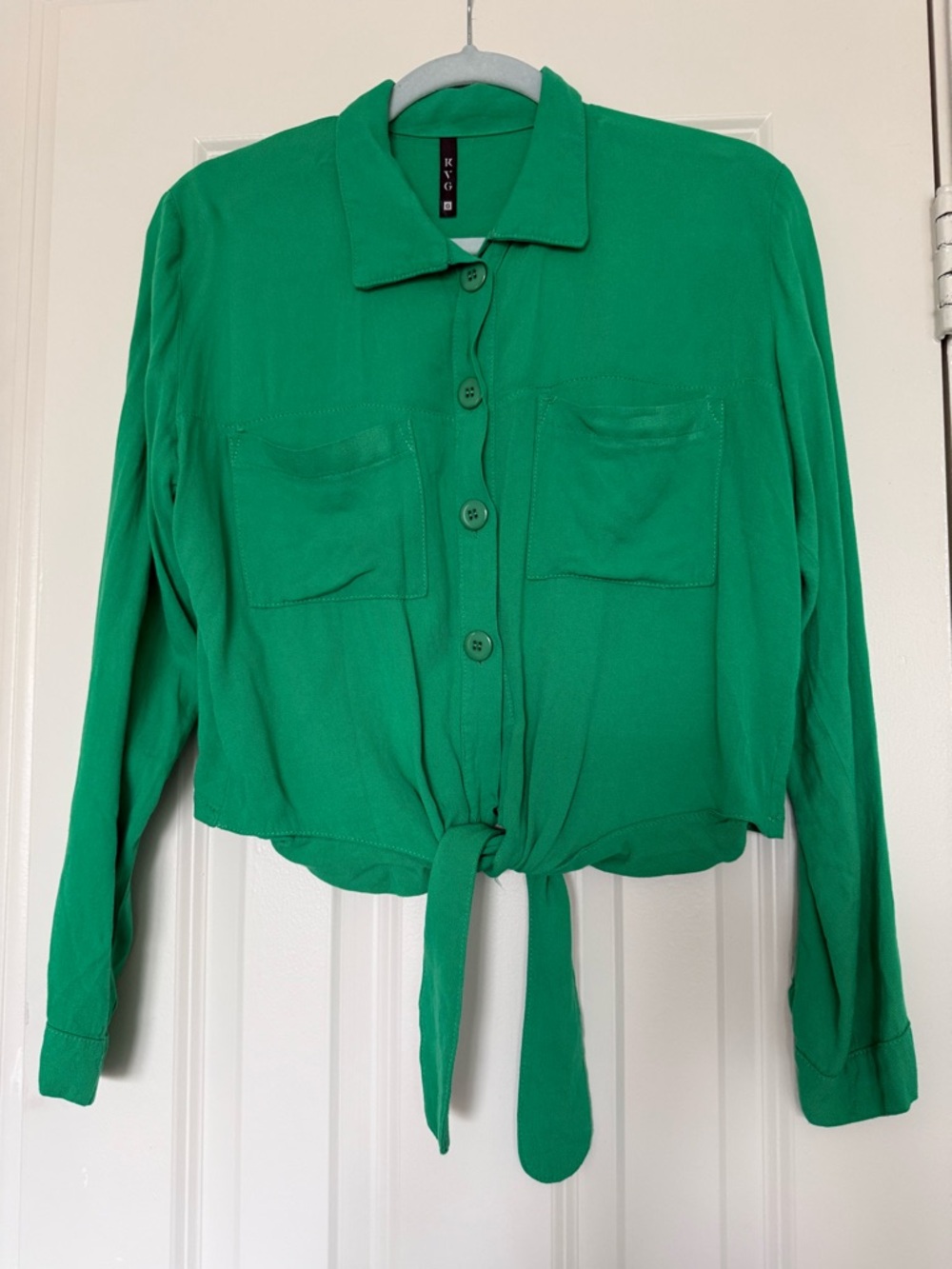 Green Tie-Front Button-Up Women's Top